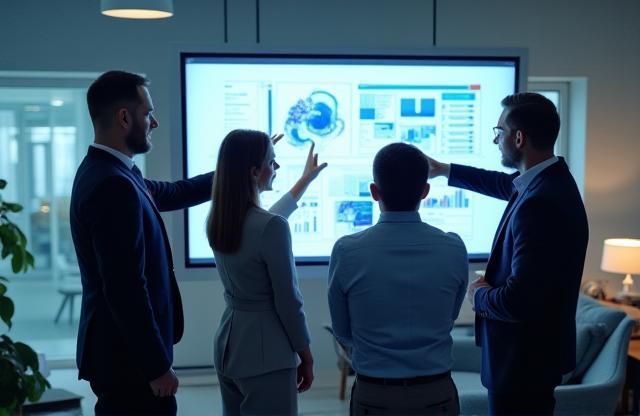 Image representing a professional team collaboratively working on technology in an office environment